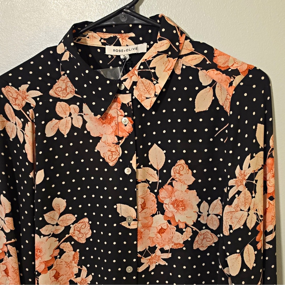 ROSE+OLIVE Black Peach Floral Woven Polyester Collared Button-Up Blouse M #307